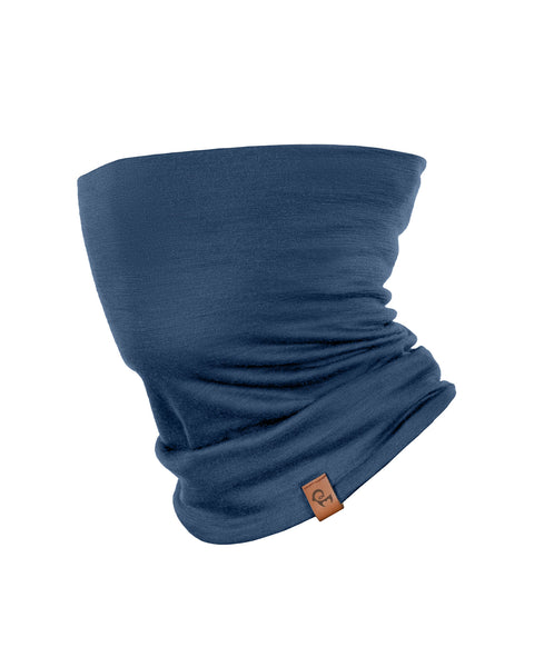 menique unisex merino gaiter in color denim. It is in a white background.