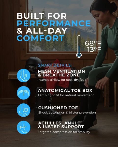 Person sitzt auf einer Bank mit Text über Schuhmerkmale und Komfort, vor einer bergigen Kulisse.