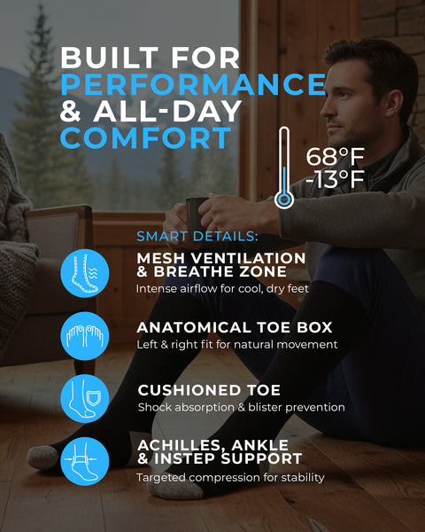 Leistungsstarke Skisocken aus Merinowolle mit anatomisch geformtem Zehenbereich, gepolstertem Zehenhalt und atmungsaktivem Netzgewebe für ganztägigen Tragekomfort