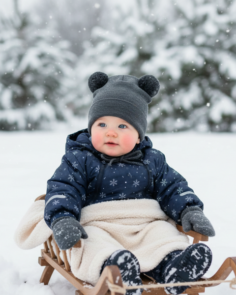 Baby sitting on a sled in snowy forest wearing dark blue winter outfit and dark gray merino wool beanie