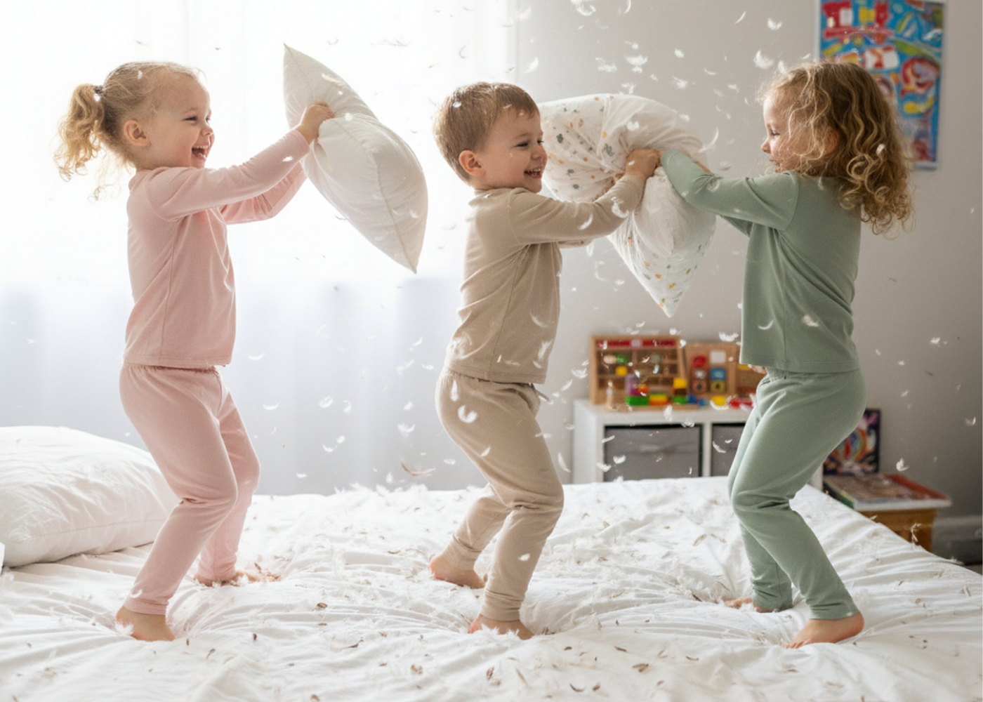 Happy children in bamboo pajamas having a playful pillow fight on a bed surrounded by feathers.