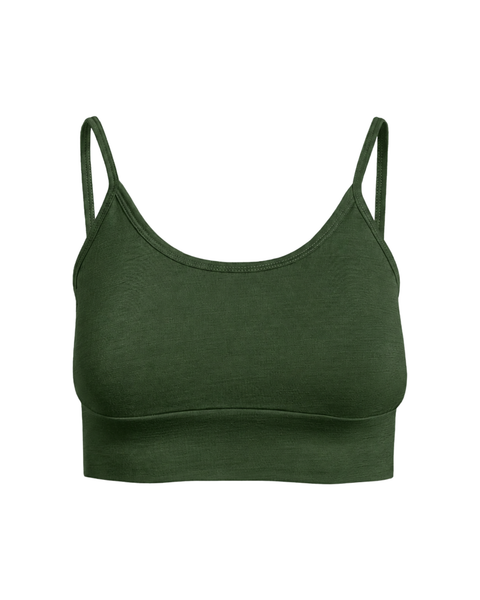 A dark green bralette with a scoop neckline, wide bottom band, and thin straps displayed on a white background.