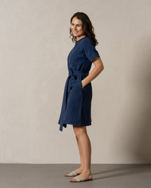 Woman wearing storm blue color linen dress