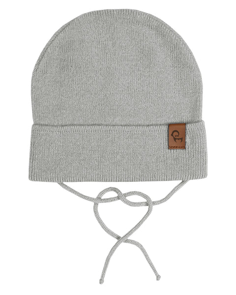 Soft gray baby knit beanie with adjustable strings, featuring cashmere blend fabric and leather brand patch - menique