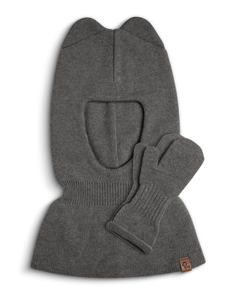 Gray knit balaclava with attached gloves on a white background