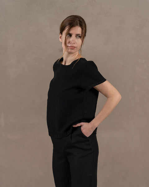 Linen Short Sleeve Top Emma Pure Black