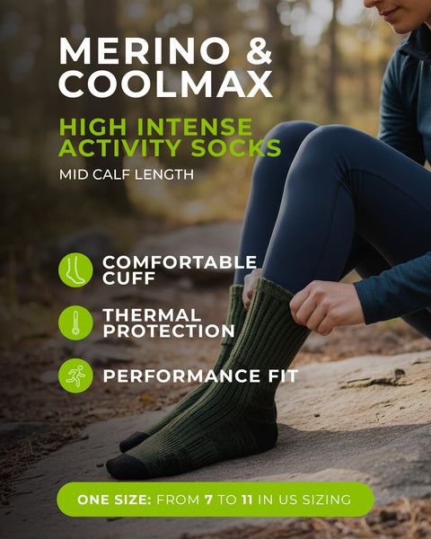 Person trägt grüne Socken mit Text, der Merkmale wie bequemen Bund, Wärmeschutz und passgenauen Sitz hervorhebt.