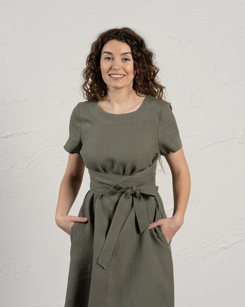 Short Sleeve Obi Wrap Dress Milly Stone Green
