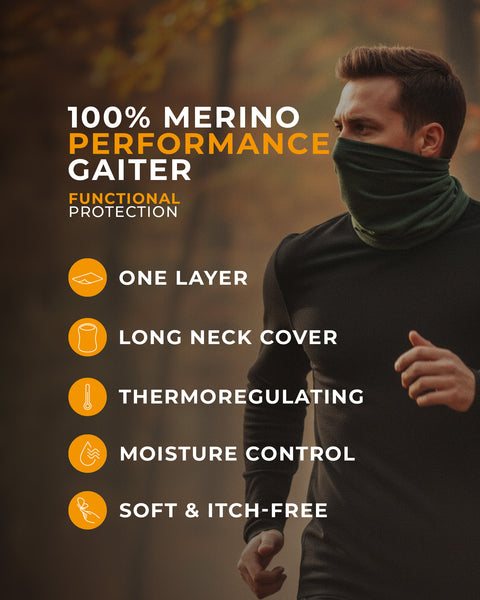 Person trägt eine Merino-Leistungsstulpe mit den links aufgeführten Merkmalen.