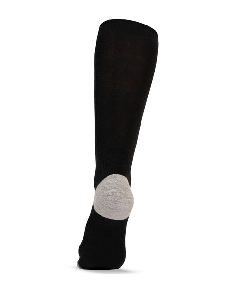 Black knee-high sock with gray heel on a white background