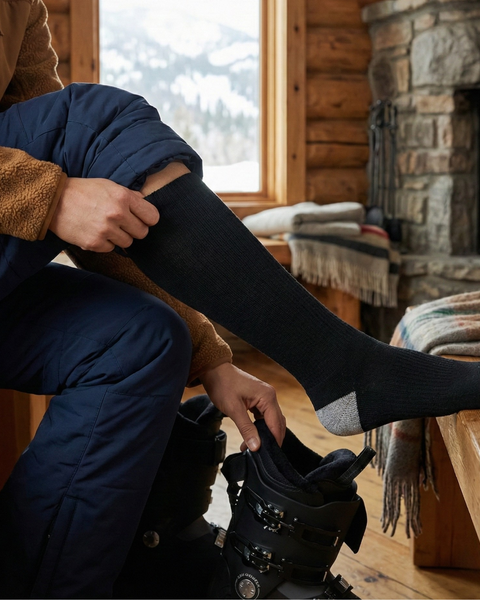 Person putting on black ski socks inside a wooden mountain cabin, preparing to wear ski boots by the fireplace.
