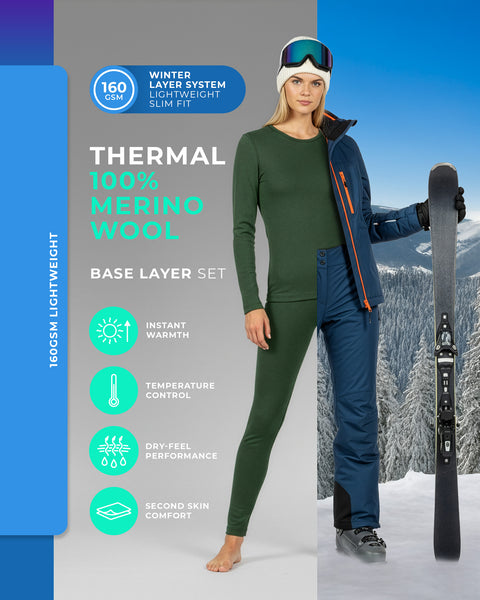 Damen Thermounterwäsche-Set in Dunkelgrün, 160 g/m², aus 100 % Merinowolle, atmungsaktive Winterunterwäsche für kalte Klimazonen