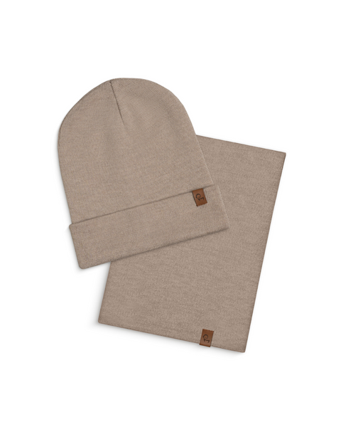 Creamy Beige merino wool beanie and menique gaiter set on a white background