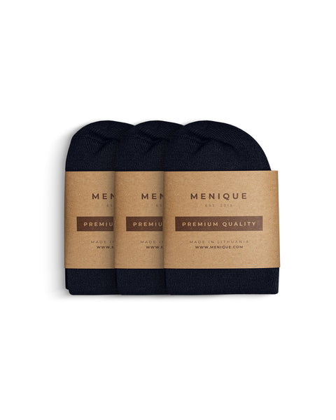 Single pair of women’s bamboo socks in dark blue, neatly packaged with Menique brown paper label marked ‘Premium Quality – Made in Lithuania.