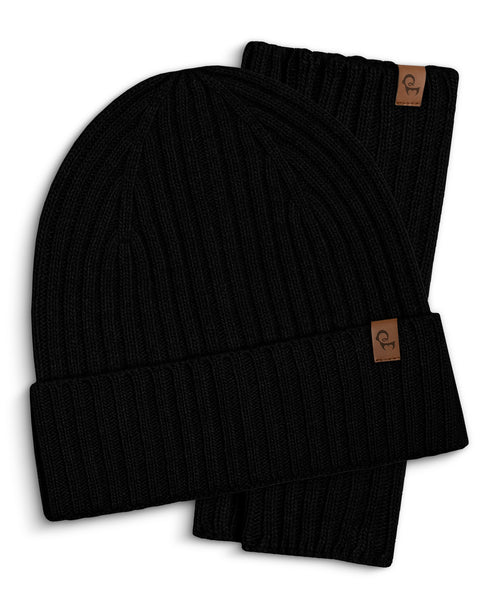 Packshot of black Merino cashmere fingerless wrist gloves and beanie
