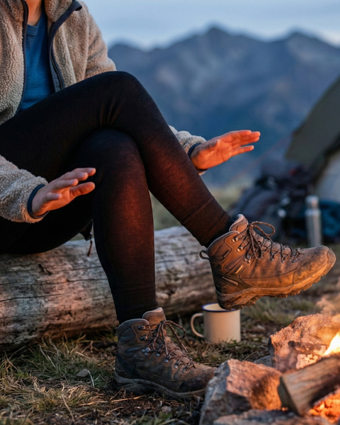 A person sits outdoors with their legs crossed, warming themselves by a campfire that casts a bright orange glow on their black leggings and brown hiking boots. A blurred mountain range and evening sky are visible in the background.