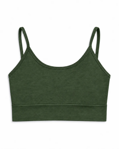 A dark green bralette with a scoop neckline, wide bottom band, and thin straps displayed on a white background.