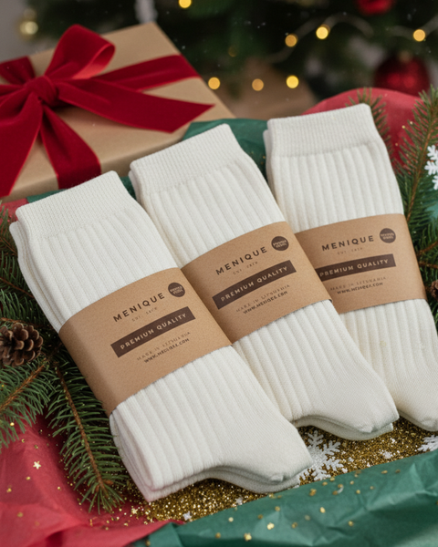 Three pairs of white ribbed socks in kraft paper packaging placed on festive green and red tissue paper with Christmas decorations around.