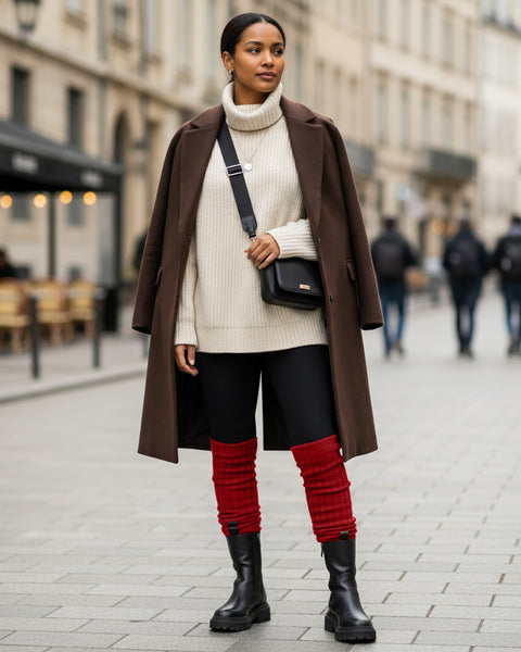 Stylish woman in a brown coat and beige turtleneck sweater wearing red ribbed leg warmers over black leggings and boots, standing on a city street.