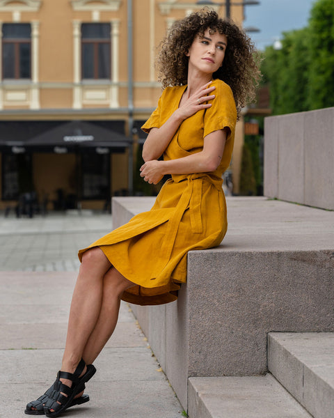Linen Wrap Dress Eliana Spicy Yellow