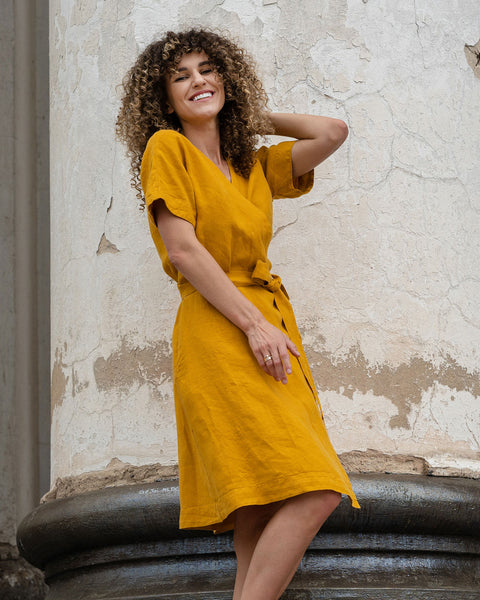 Linen Wrap Dress Eliana Spicy Yellow