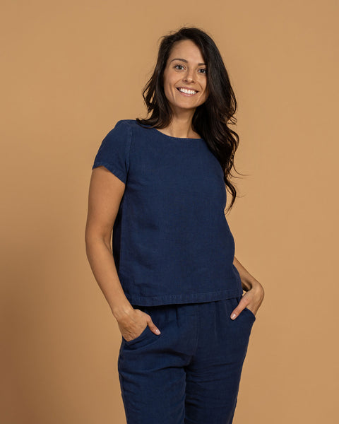 Linen Short Sleeve Top Emma Storm Blue