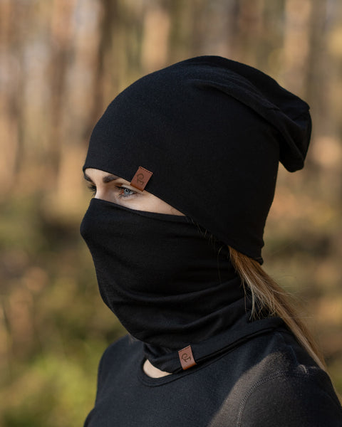 Damen Merino Mütze & Schlauchschal 2-teilig Schwarz