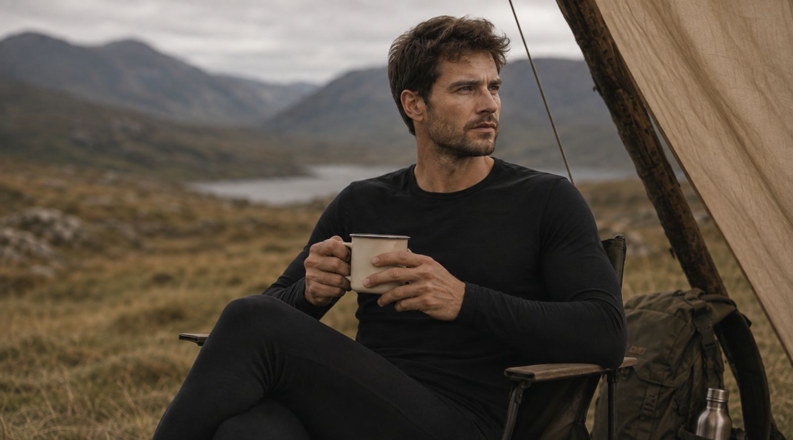 A man relaxing at home in stylish men's merino wool clothing while holding a cup