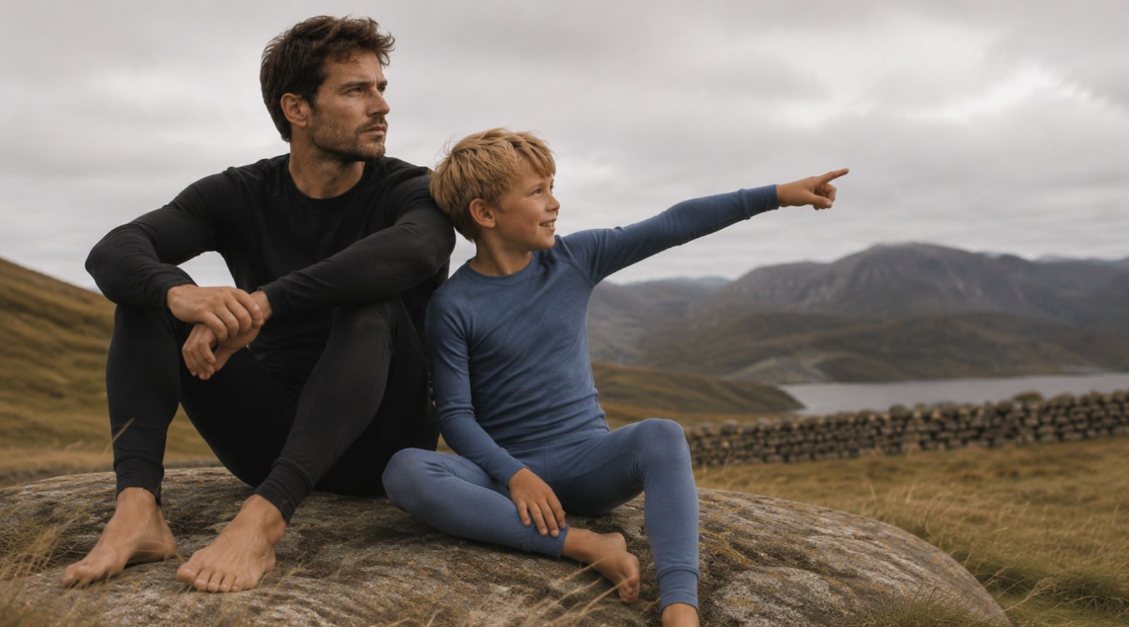 A father holding up a girl on his shoulders, both of them are wearing light blue merino wool 160gsm clothing sets of long sleeve shirts and pants.