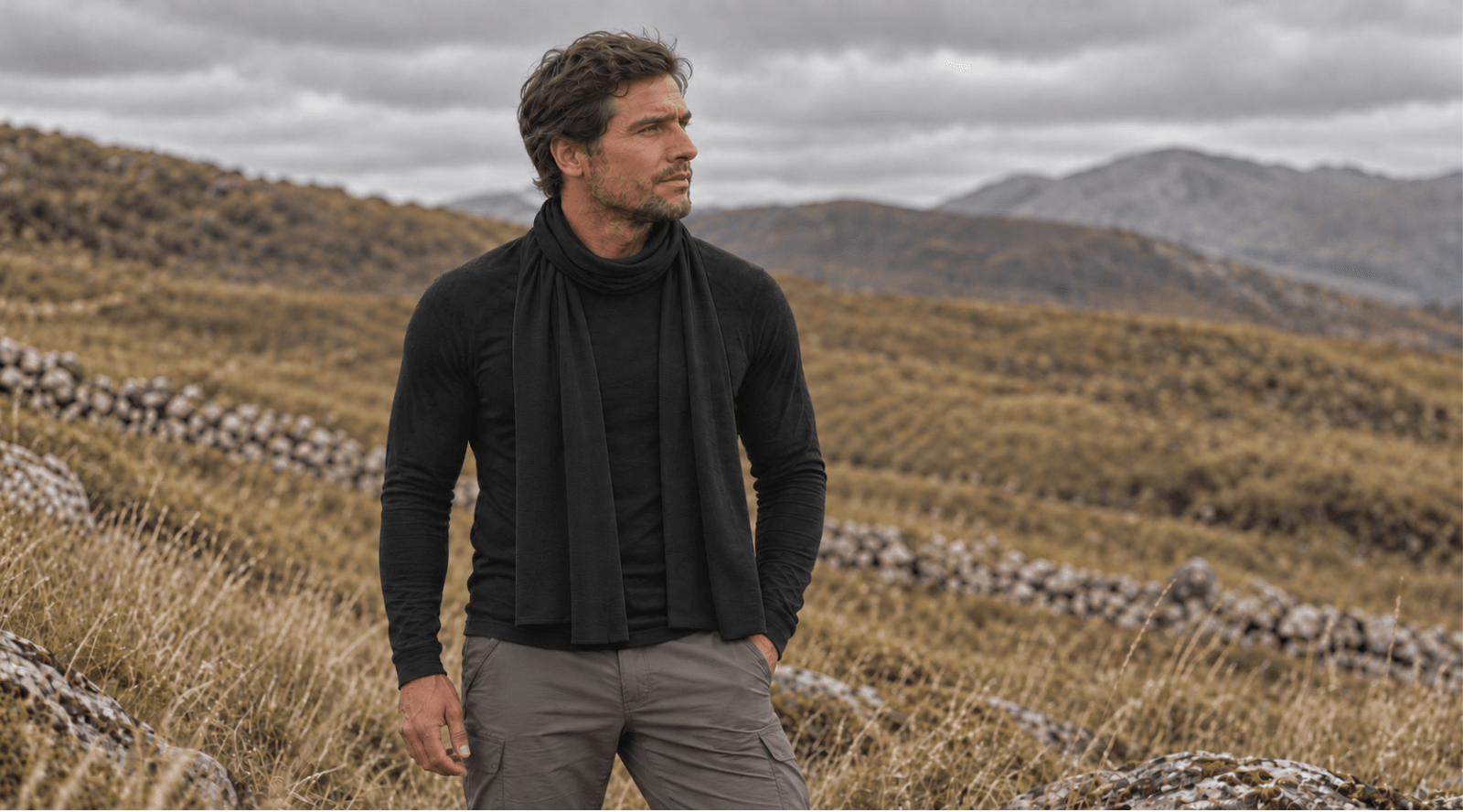 Man sitting outside and wearing Merino wool scarf