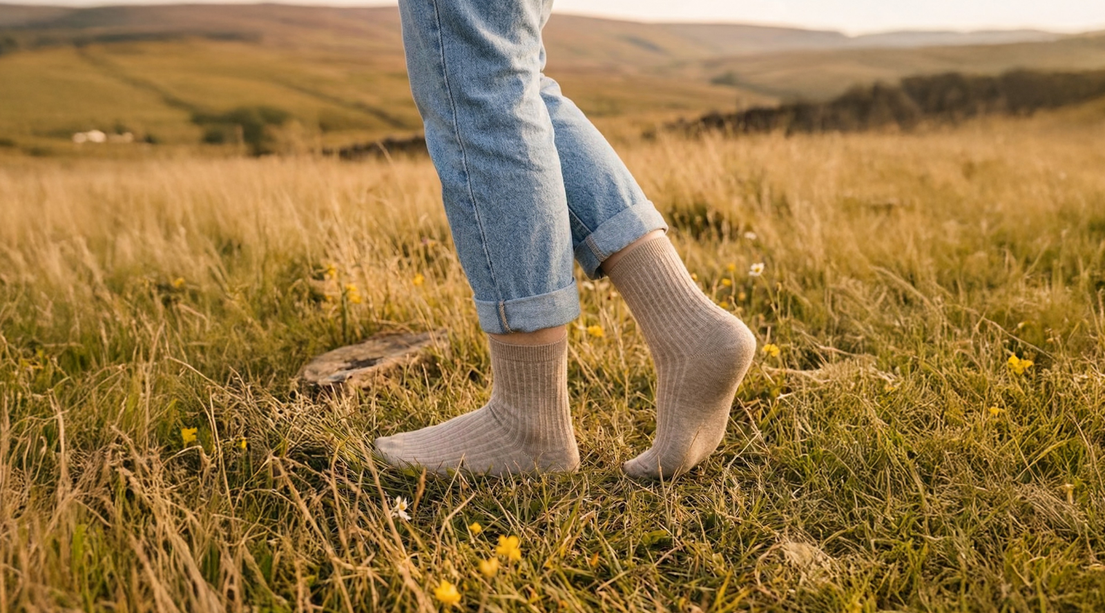 woman wearing gray merino wool socks.