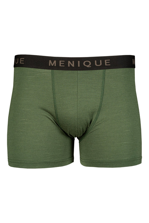 the menique men's short boxer briefs in dark green color, white background.