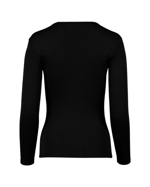 The menique women&#39;s long sleeve 250gsm merino top in black color, back view.