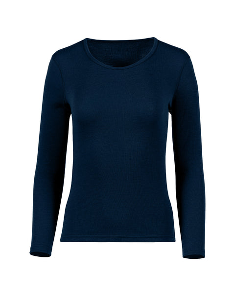 The menique women&#39;s long sleeve 250gsm merino top in dark blue color, front view.
