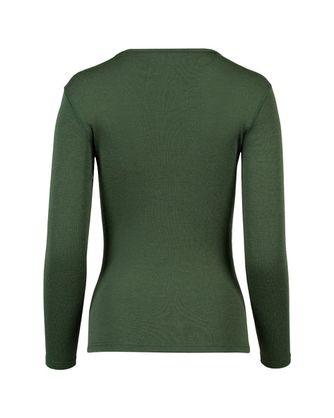 the menique long sleeve 250gsm women&#39;s merino top in dark green color, back view.