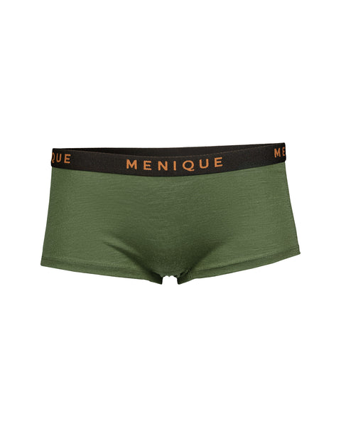 the women&#39;s merino boxer short briefs in dark green color.