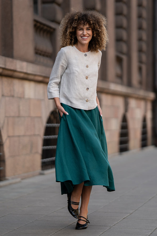 Linen Midi Flowy Skirt Evelyn in dark green color.