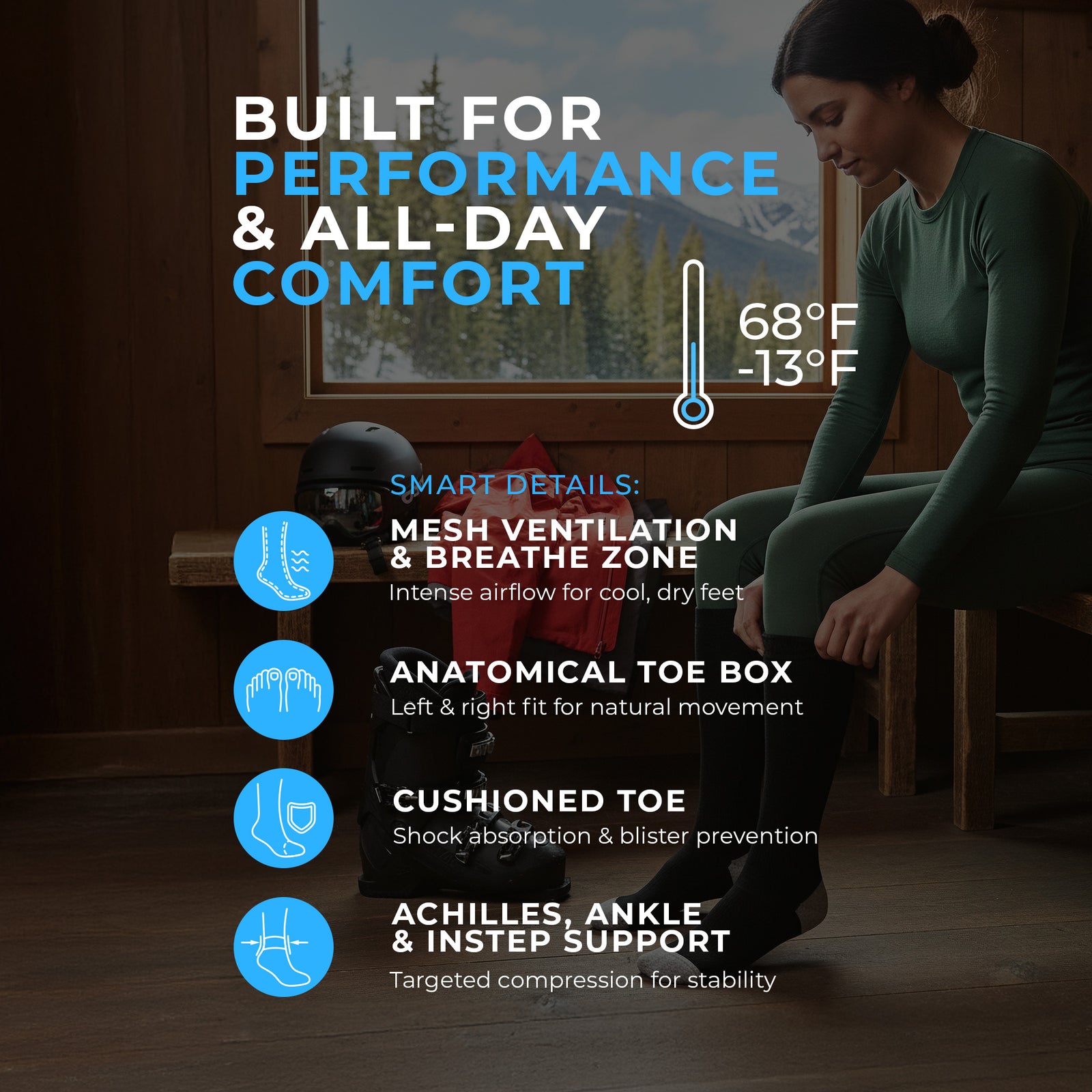 Frauen tragen schwarze kniehohe Skisocken aus Merinowolle mit grauen Zehen auf weißem Hintergrund