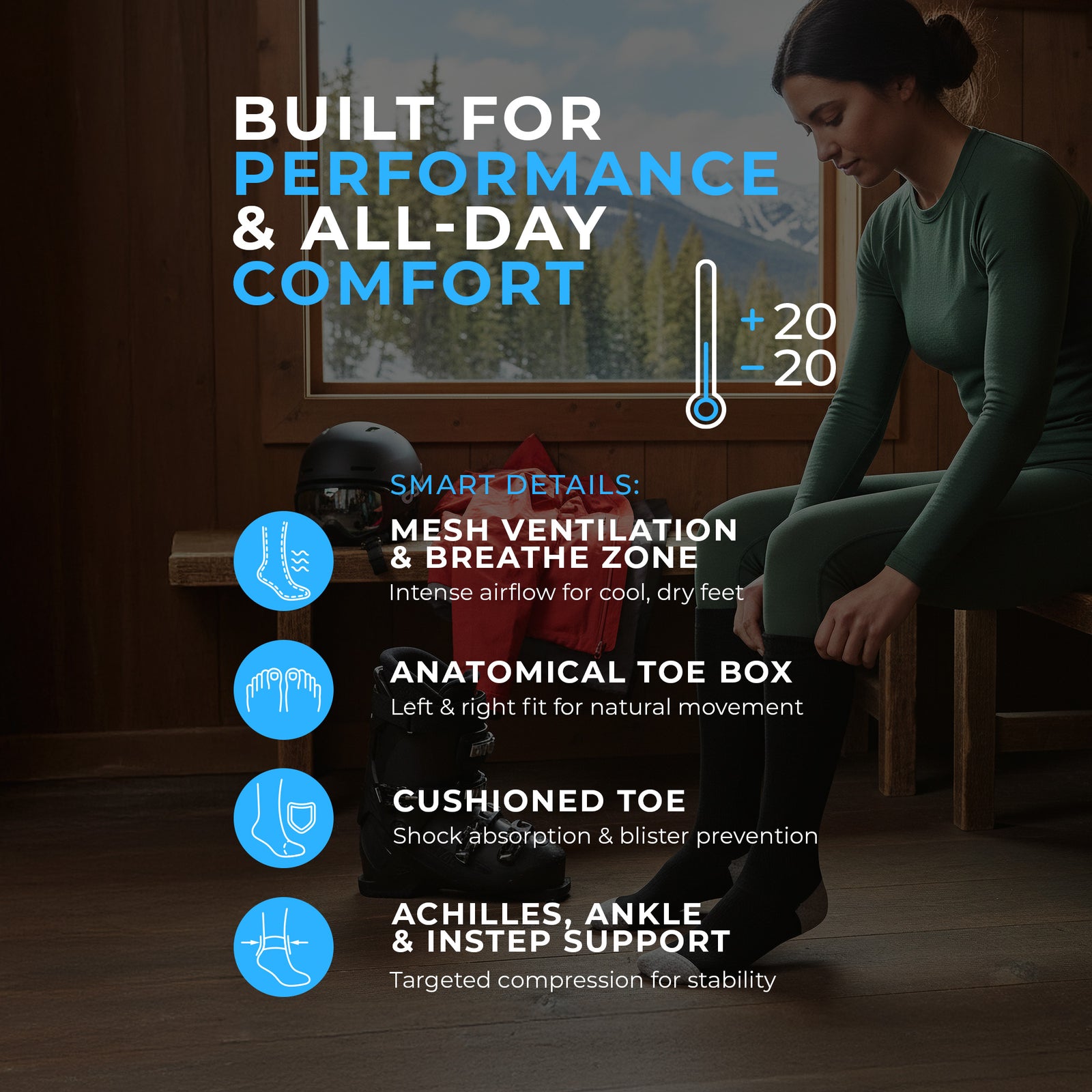 Women wearing black knee-high skii merino wool socks with gray toes on a white background