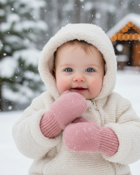 A baby in a cozy cream hooded jacket standing outside in the snow, smiling and wearing pink knitted mittens.