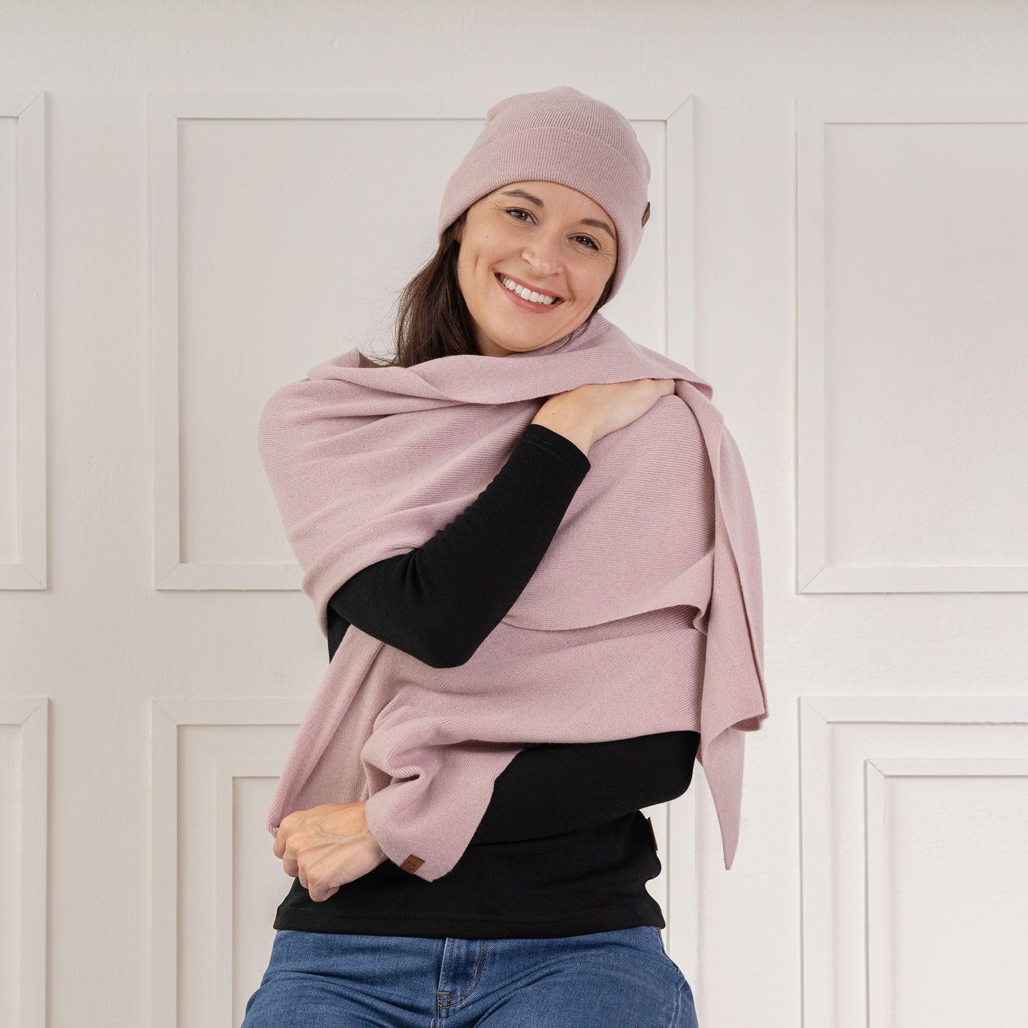 Kaschmir Set Mütze & Schal – Mit 3 Echten Fellbommeln, Unisex, Beige-weiß