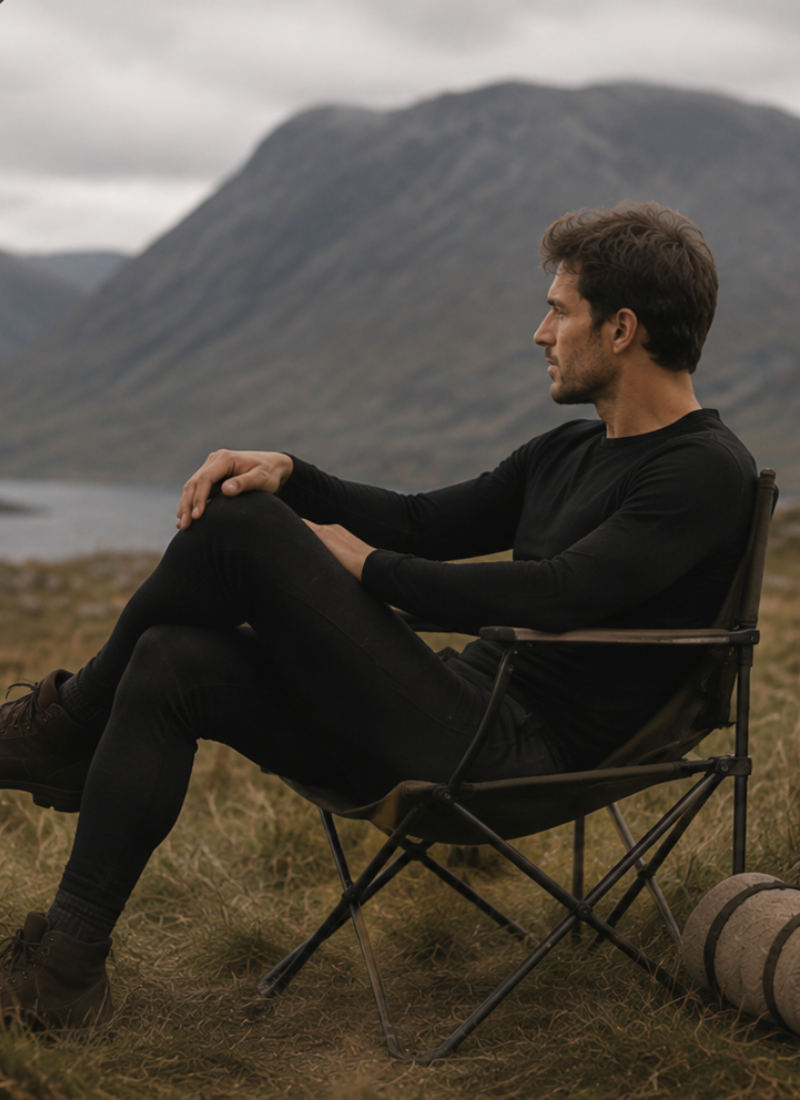 A man dressed in black sitting in a camp chair outside a tent, looking out over a grassy landscape toward a lake and mountains.