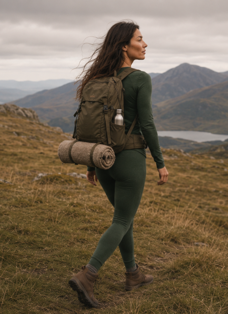 A person wearing dark green activewear hiking away from the camera in a rugged, hilly landscape, carrying a rolled blanket or mat on their lower back.