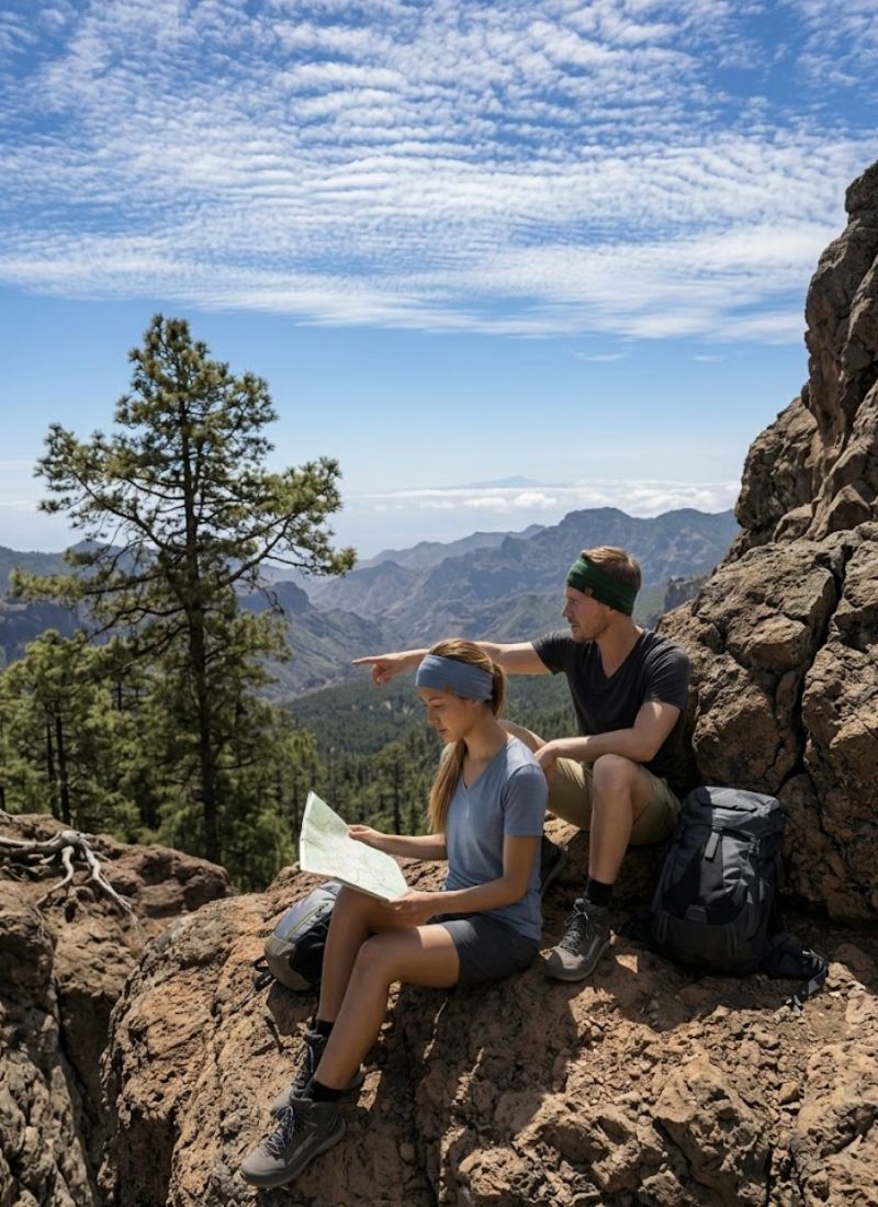 Two hikers on a mountain top looking at a map with a scenic view of mountains and trees.