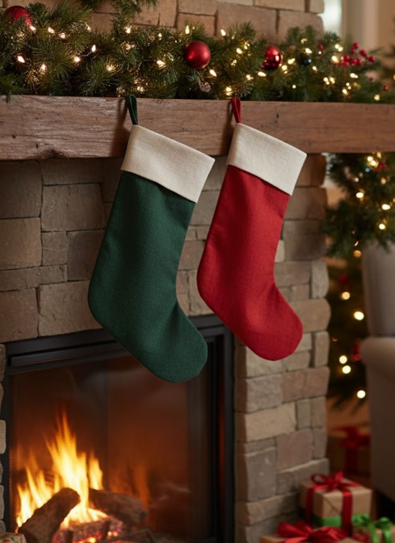 Two Christmas stockings, one green and one red, hanging above a fireplace with holiday decorations.