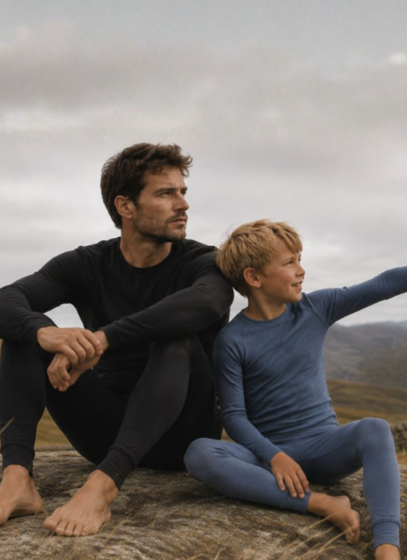 A man and a young boy sit together on a large rock in a grassy highland landscape. The man wears a black thermal set while the boy points off into the distance wearing a matching blue long-sleeved top and leggings.