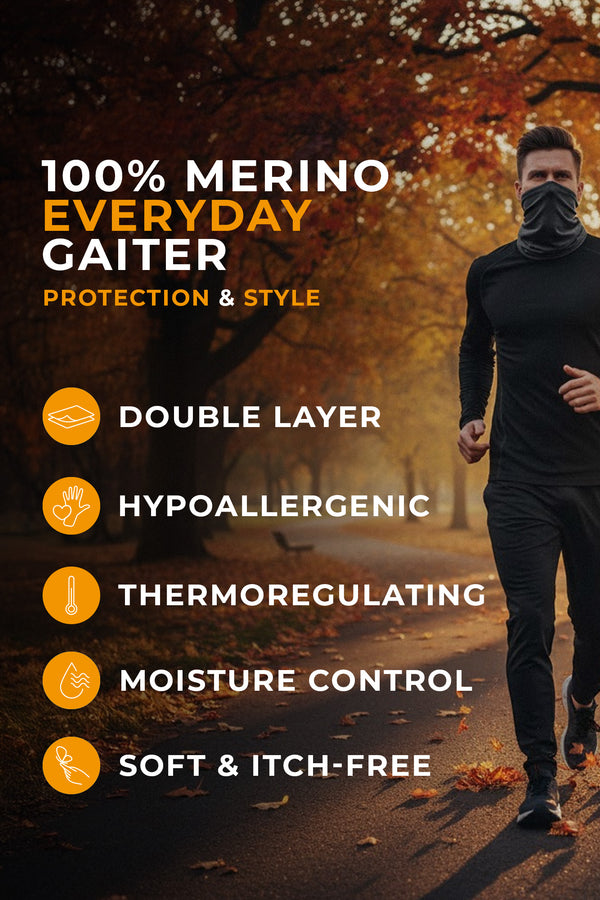 Mann läuft durch einen herbstlichen Park und trägt eine dunkle Merinowoll-Schlauchmaske; Überlagerungstext: „100 % Merino Alltags-Schlauchmaske – Schutz & Stil: doppellagig, hautfreundlich, temperaturausgleichend, feuchtigkeitsregulierend, weich & kratzfrei.“