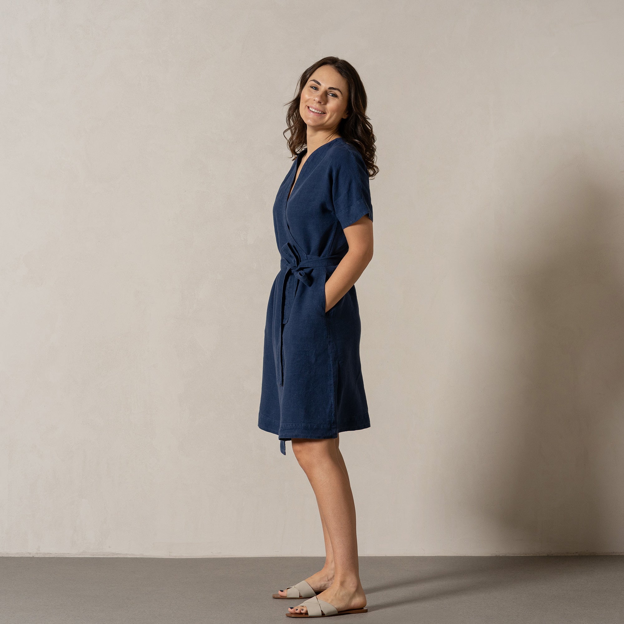 Woman wearing storm blue color linen dress