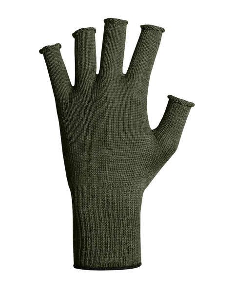 Dark green Merino wool fingerless glove displayed flat on a white background.
