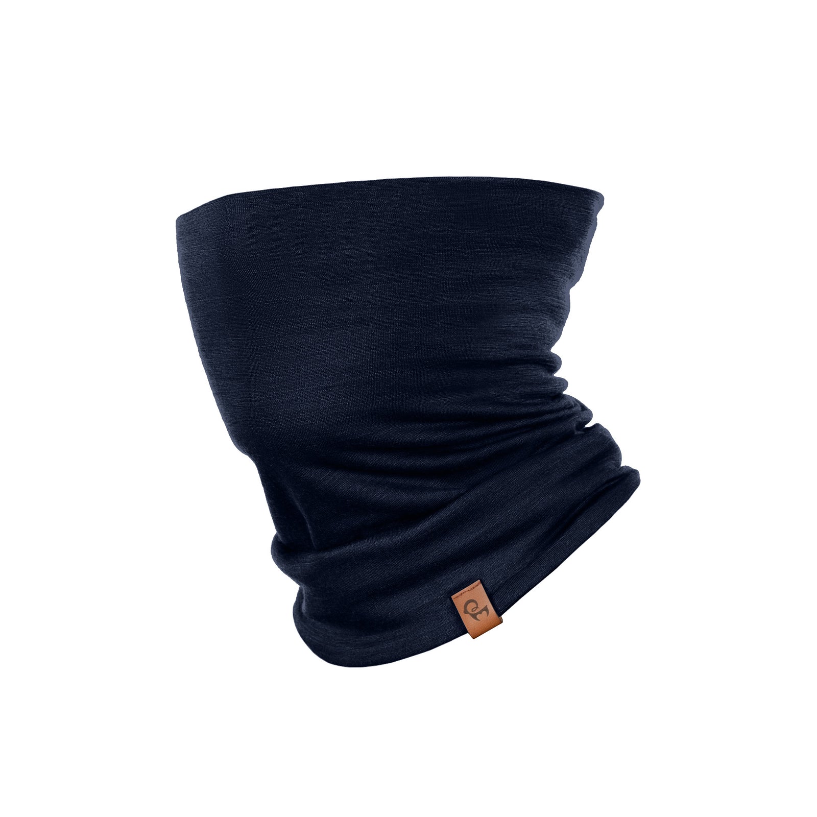 A studio portrait of a blonde woman looking directly at the camera. She is wearing a dark navy blue neck gaiter pulled up over her nose, covering her lower face. The gaiter has a small brown leather logo patch on the bottom edge. She is wearing a light cream, natural-colored long-sleeved top against a plain light grey background.